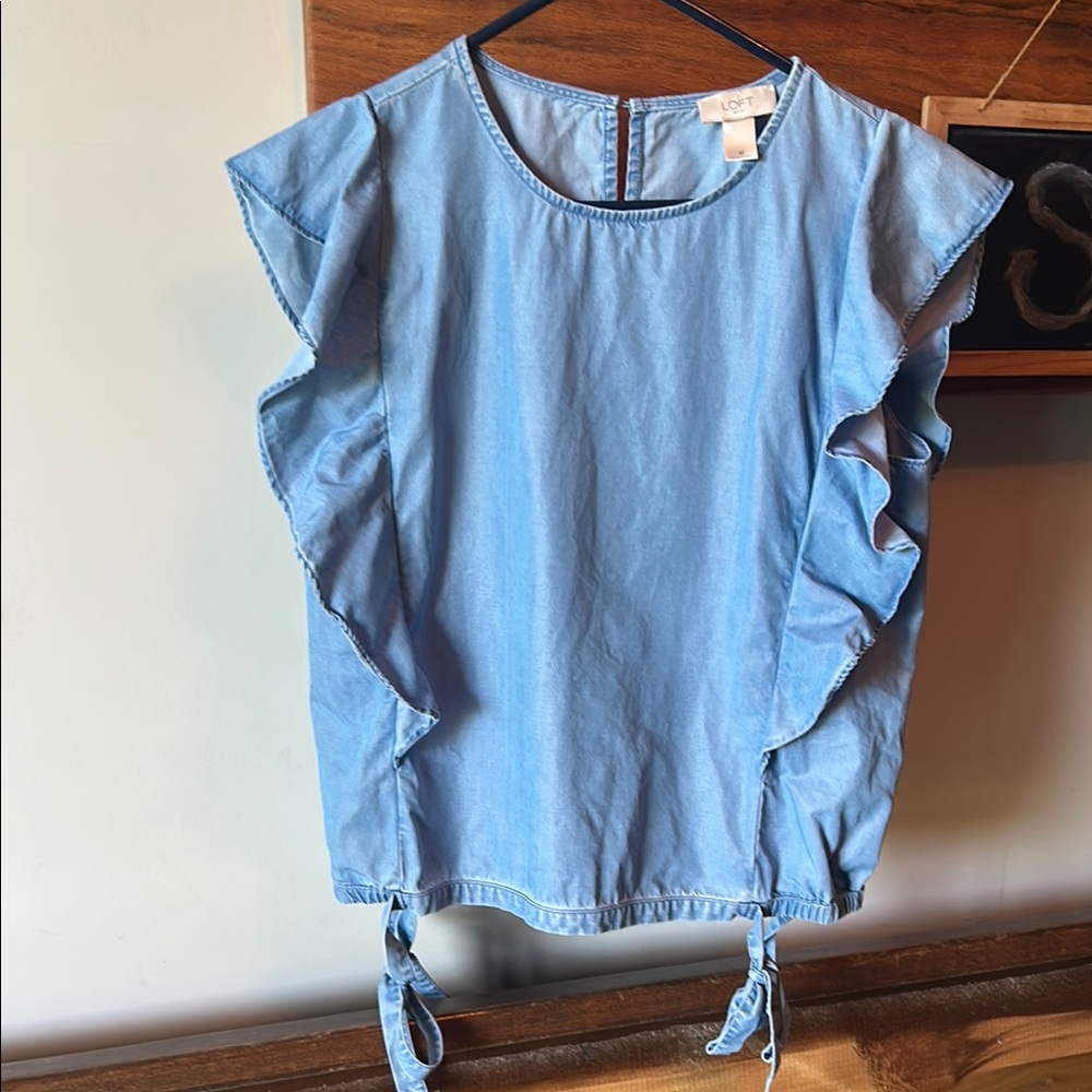 LOFT Blue Flutter Sleeve Blouse with Side ties